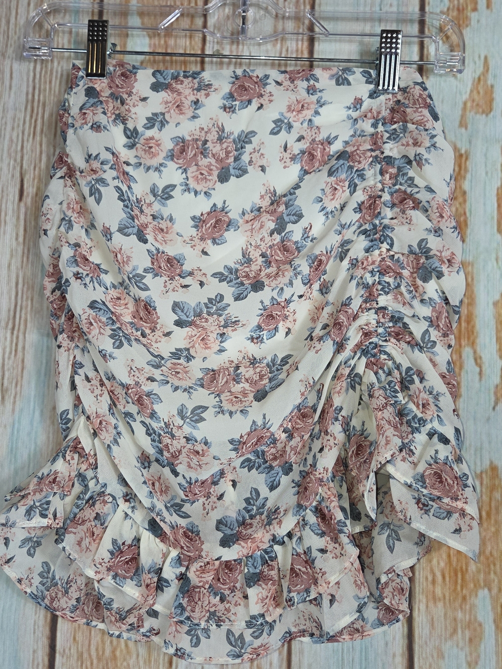 Jacquie The Label Floral Rouched Ruffle Mini Skirt in Cream & Dusty Rose. Size S